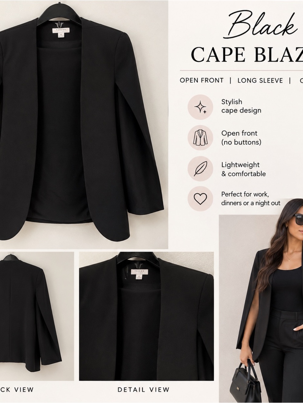 FAVLUX Black Open-Front Cape Blazer